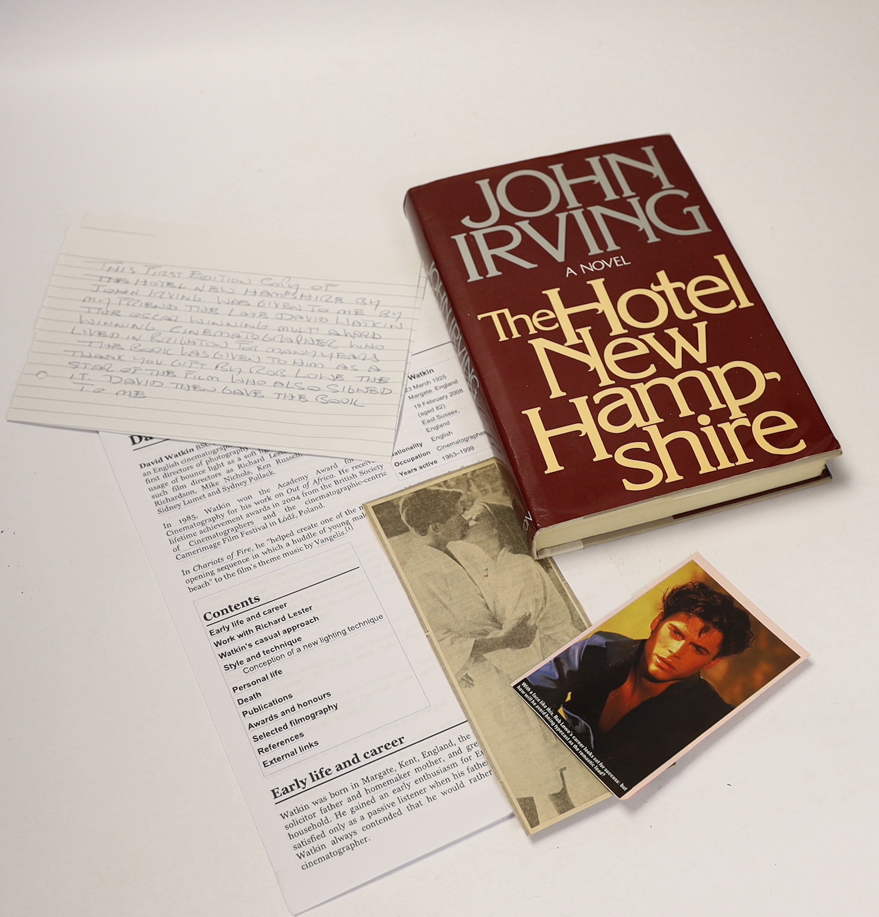 Irving, John - The Hotel New Hampshire, 1st edition ,8vo, half cloth in clipped d/j, presentation inscription by Robert Lowe, star of the film of the present book, to David Watkin, the film’s cinematographer, to front fl